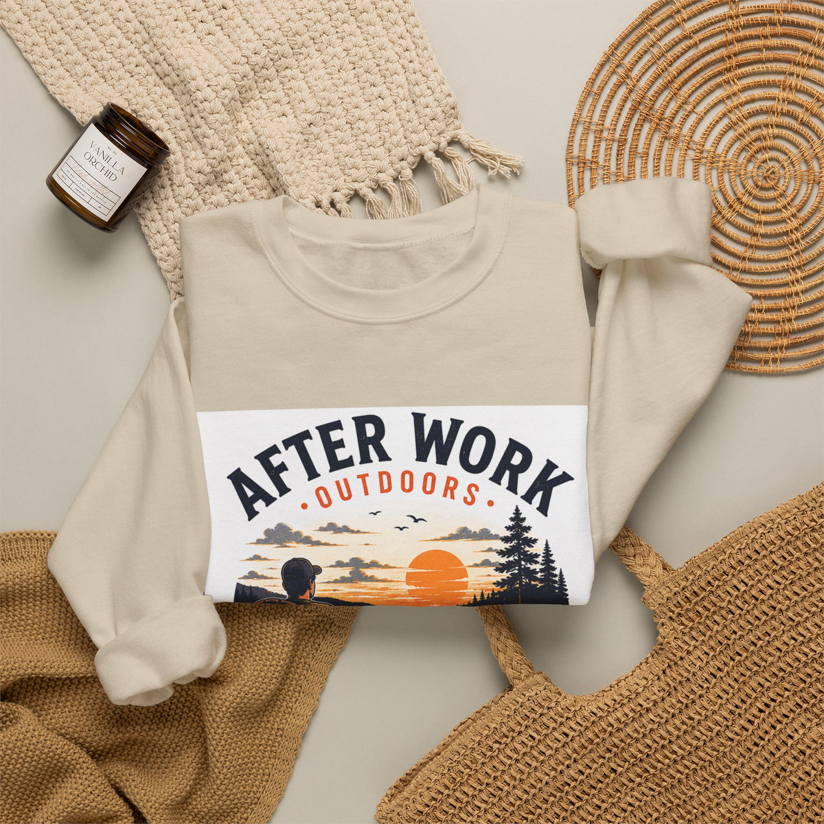Crewneck Sweatshirt — "After Work Outdoors: Clock Out Watch Sunset" Graphic