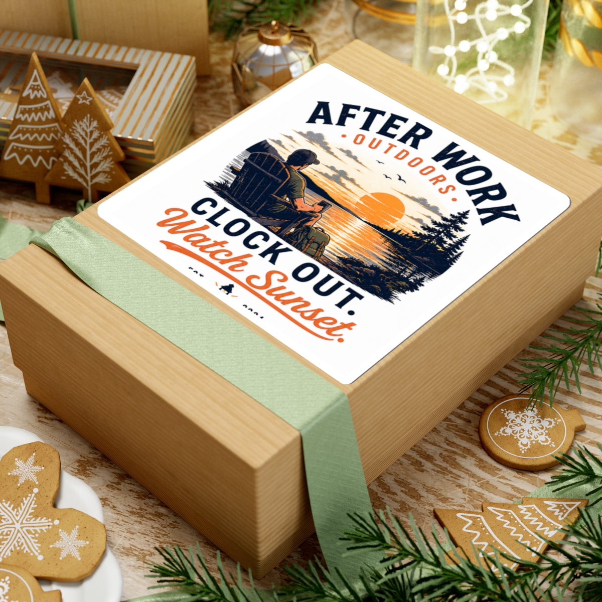 After Work Outdoors Sticker — "Clock Out. Watch Sunset." Sunset Camping Vinyl Kiss-Cut Sticker