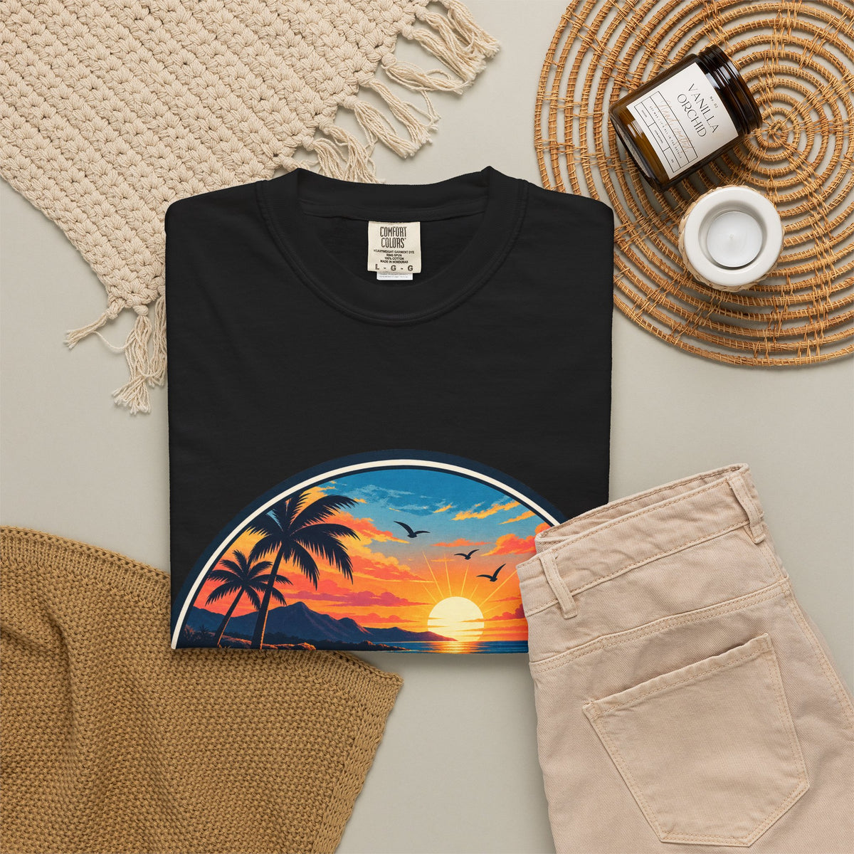 Glowstates Sunset Beach T-Shirt — Retro Palm Tree Surf Tee