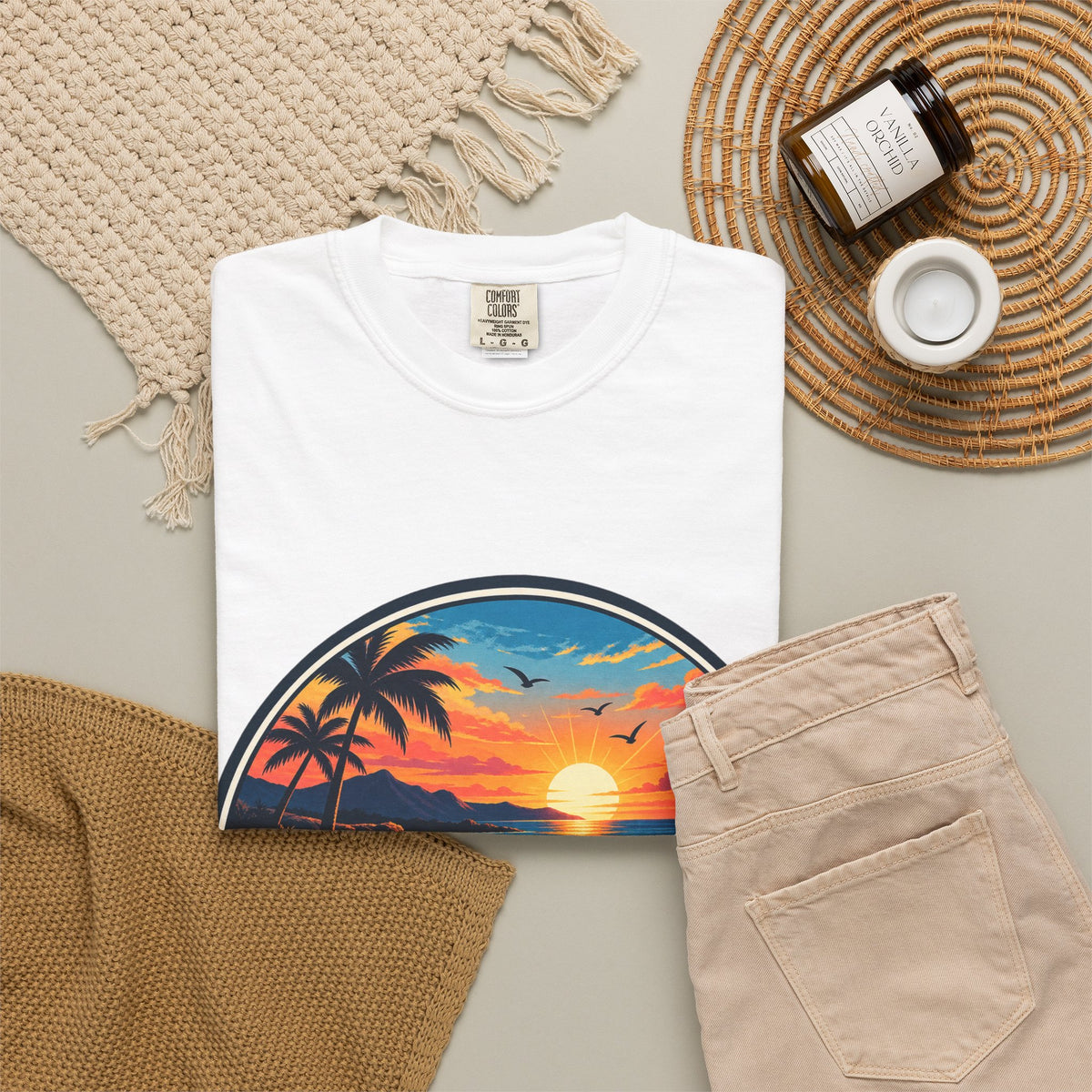 Glowstates Sunset Beach T-Shirt — Retro Palm Tree Surf Tee