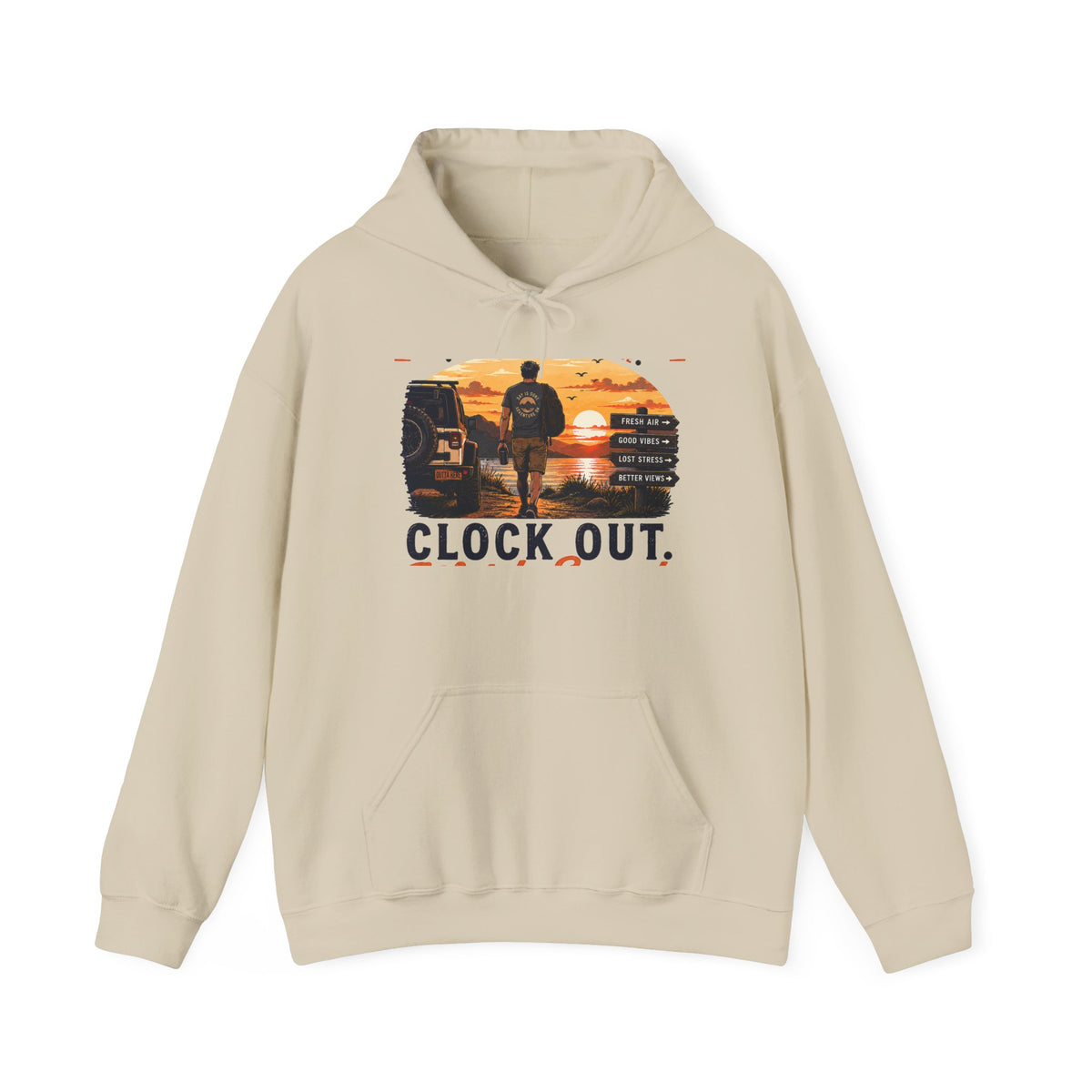 Clock Out Hoodie — Retro Sunset Fishing Hooded Sweatshirt