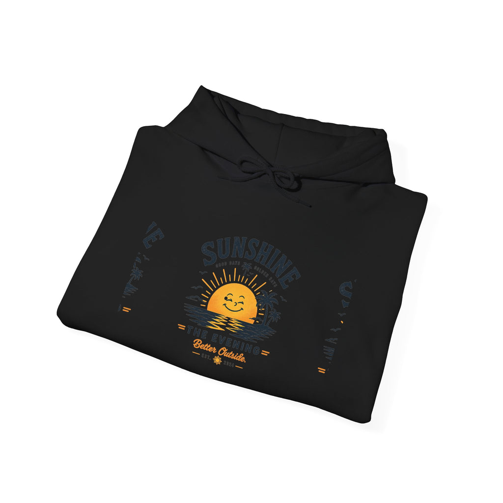 Sunshine Evening Hoodie — Retro Smiling Sun Palm Tree Sweatshirt