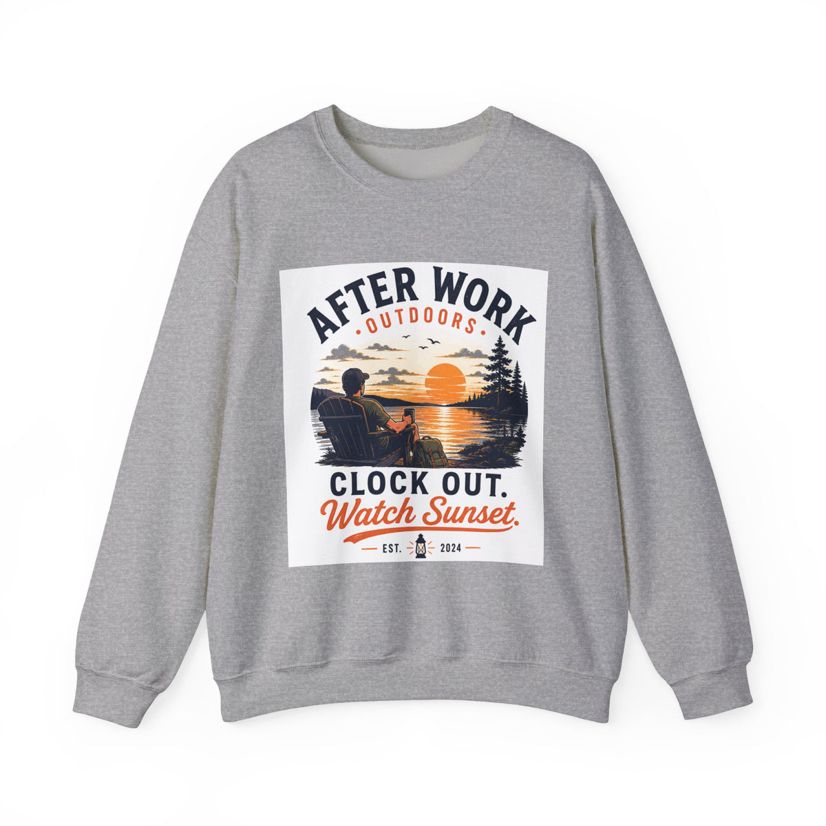 Crewneck Sweatshirt — "After Work Outdoors: Clock Out Watch Sunset" Graphic