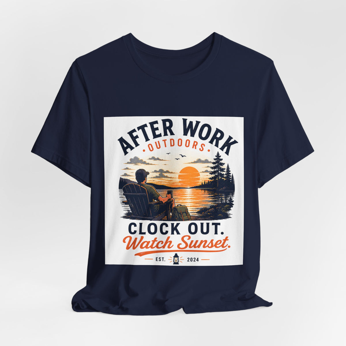 After Work Outdoors T-Shirt — "Clock Out, Watch Sunset" Sunset Fishing Tee