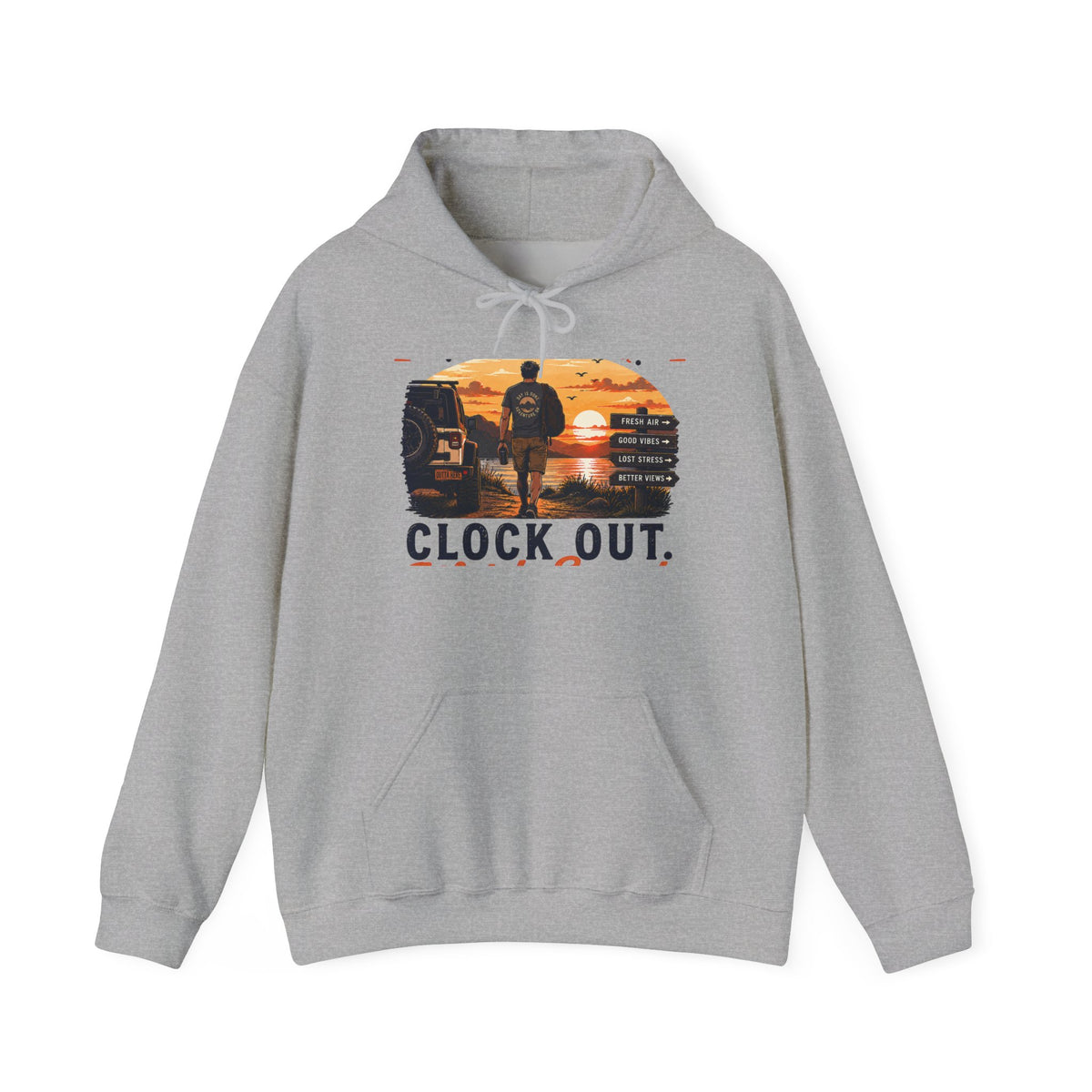 Clock Out Hoodie — Retro Sunset Fishing Hooded Sweatshirt
