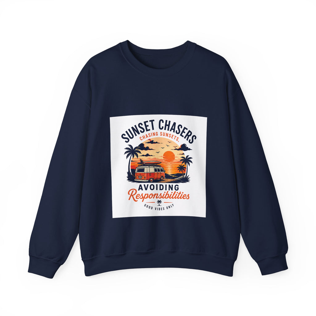 Sunset Chasers Crewneck Sweatshirt – "Avoiding Responsibilities" Retro Camper Design