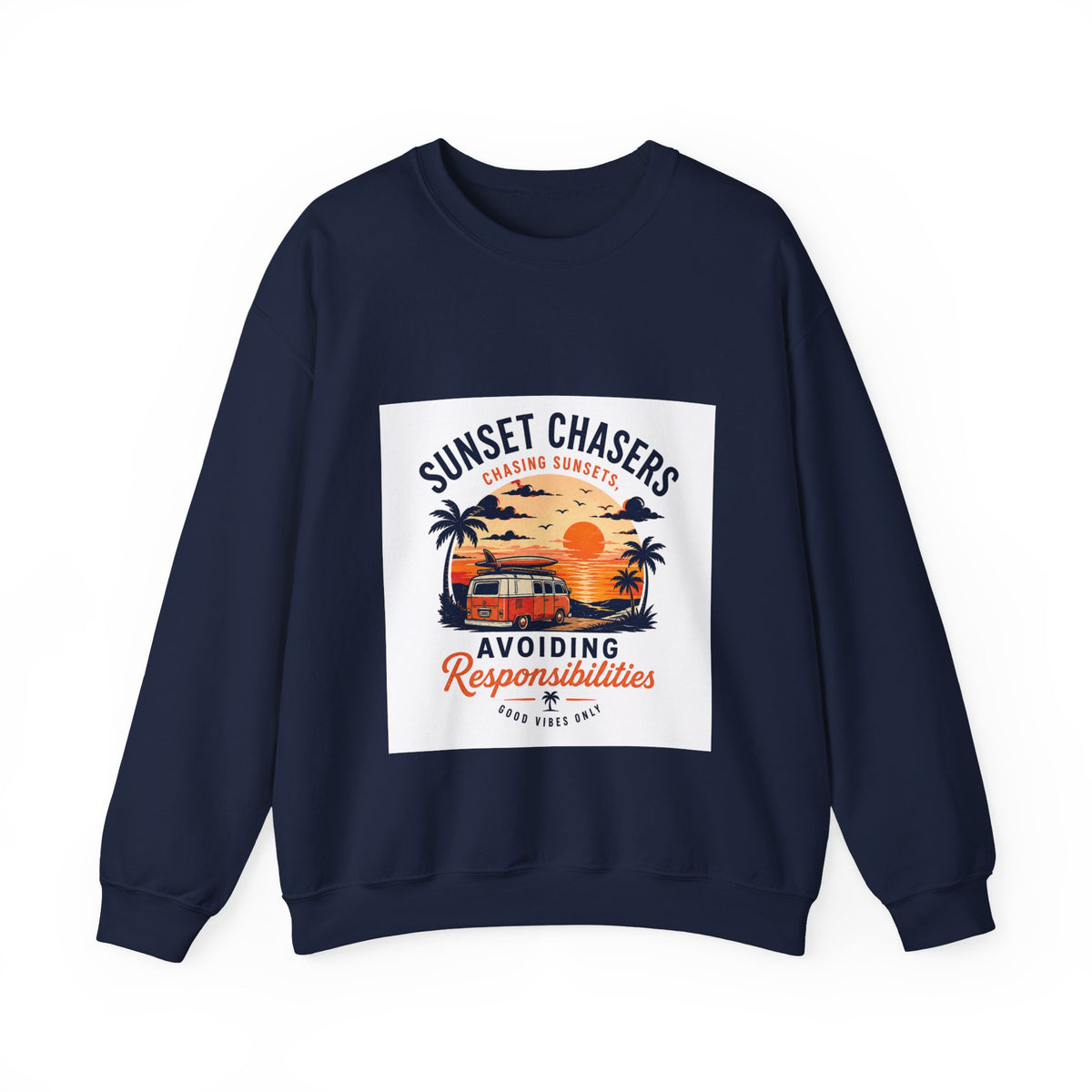 Sunset Chasers Crewneck Sweatshirt – "Avoiding Responsibilities" Retro Camper Design