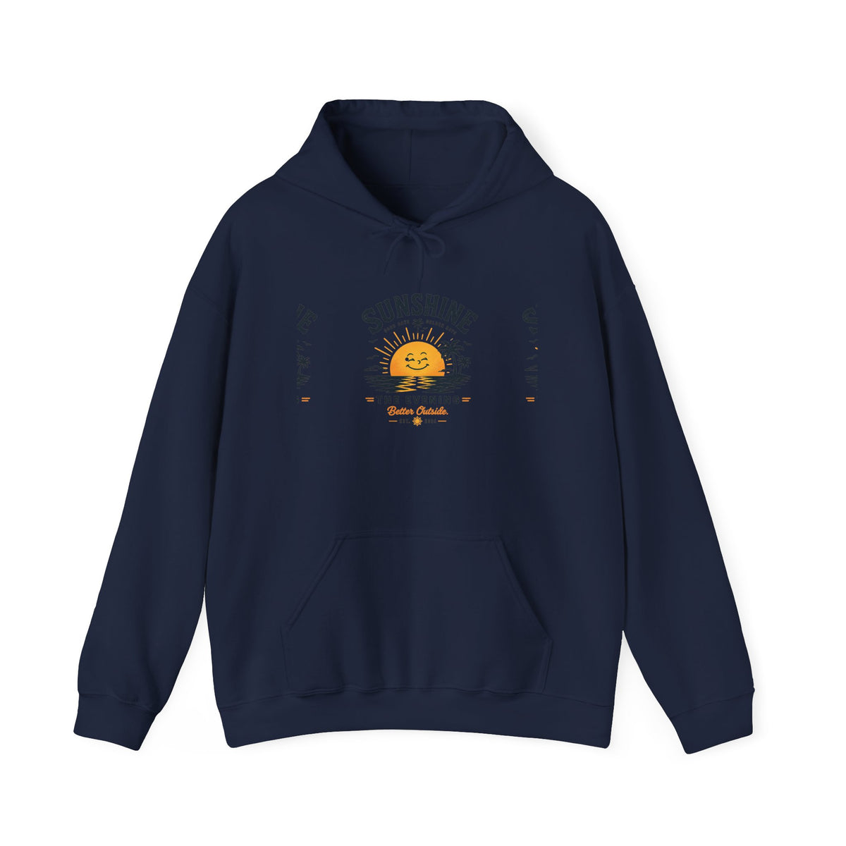 Sunshine Evening Hoodie — Retro Smiling Sun Palm Tree Sweatshirt