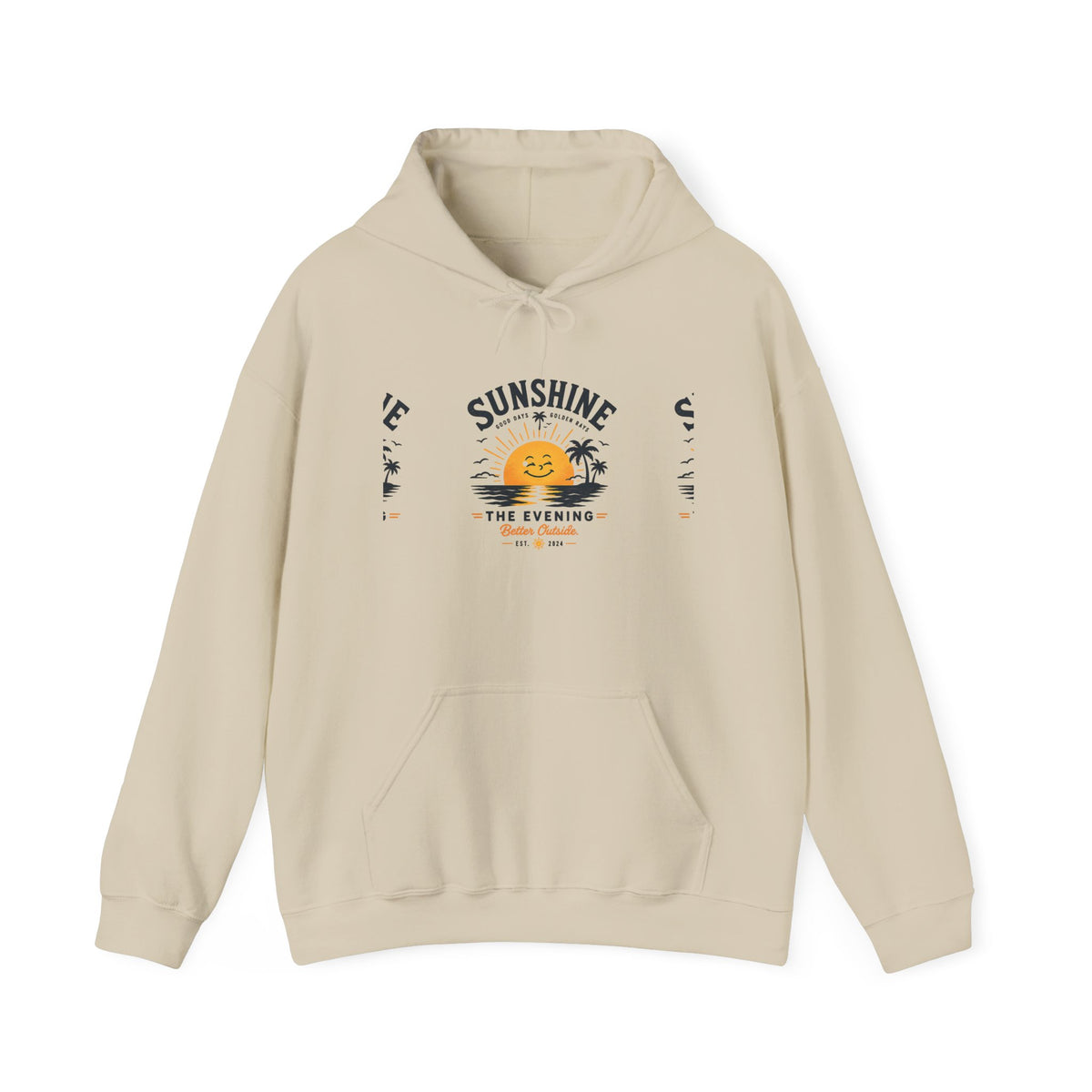 Sunshine Evening Hoodie — Retro Smiling Sun Palm Tree Sweatshirt