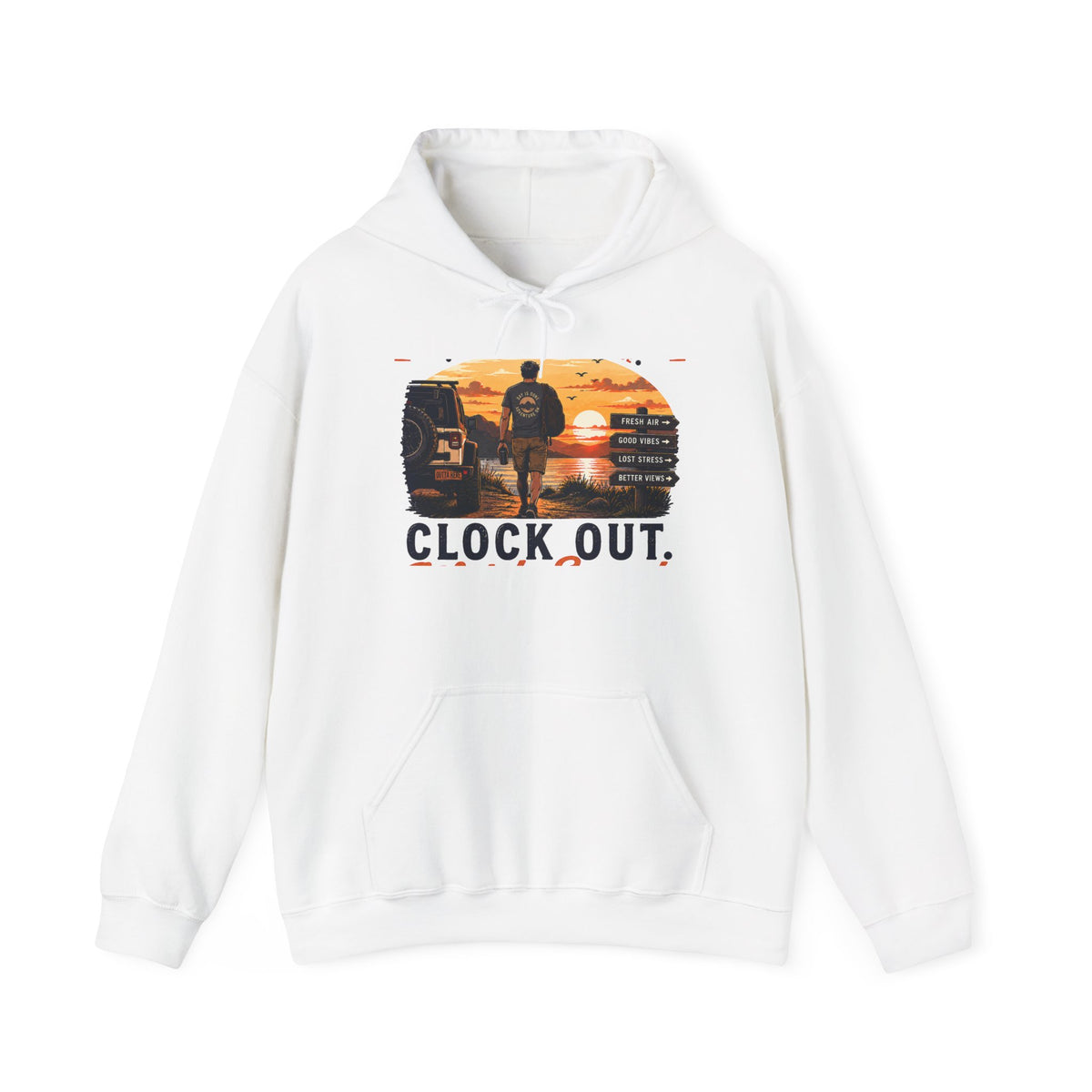 Clock Out Hoodie — Retro Sunset Fishing Hooded Sweatshirt