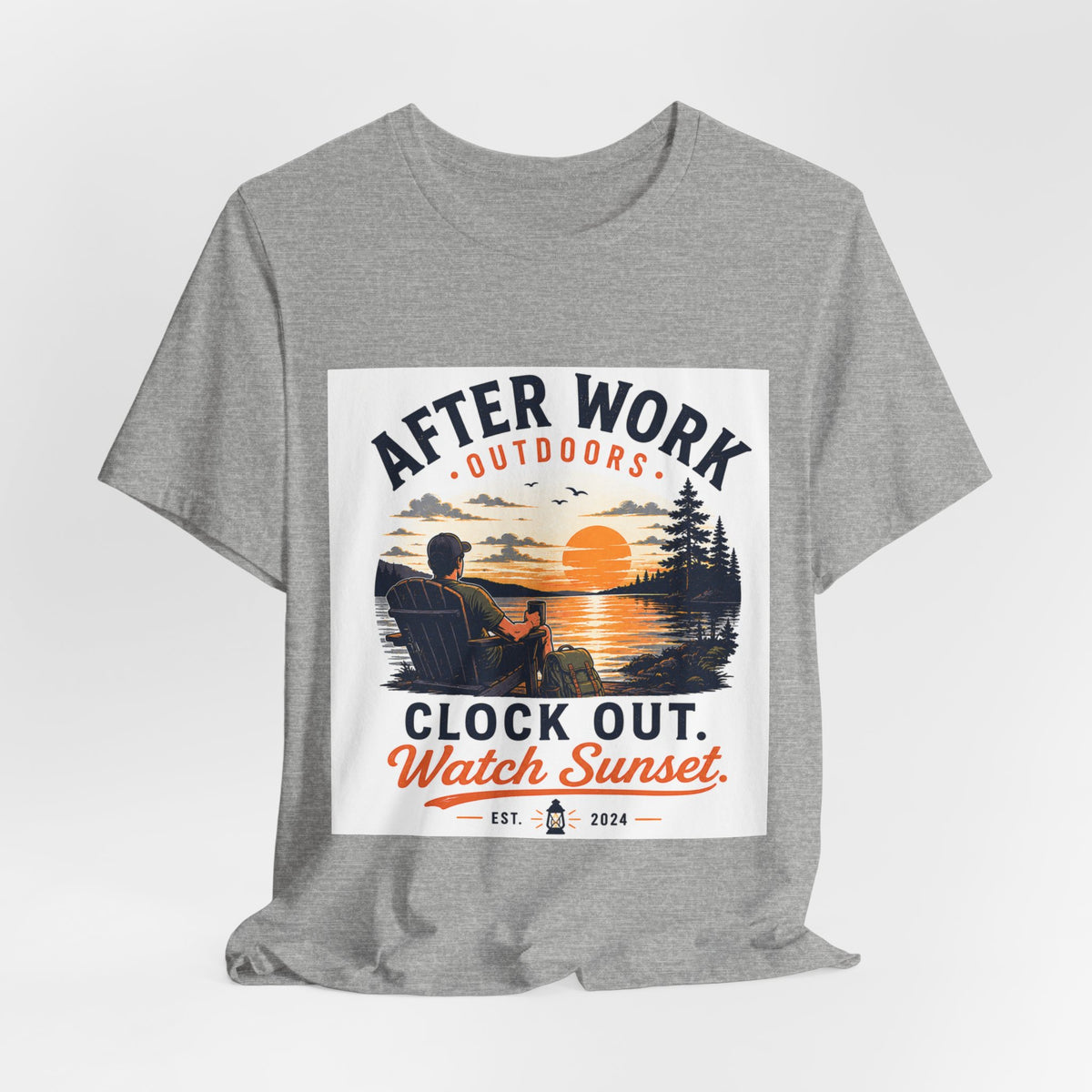 After Work Outdoors T-Shirt — "Clock Out, Watch Sunset" Sunset Fishing Tee