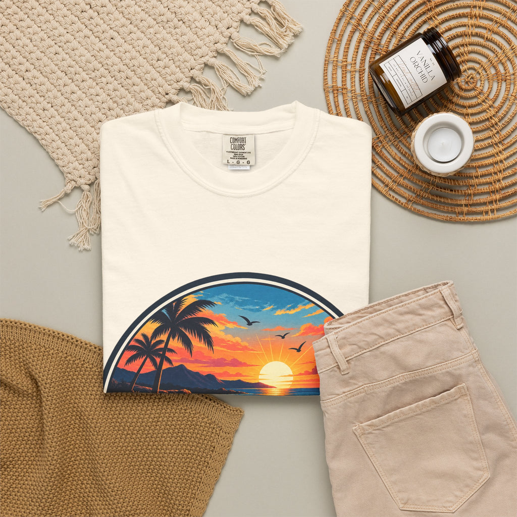 Glowstates Sunset Beach T-Shirt — Retro Palm Tree Surf Tee