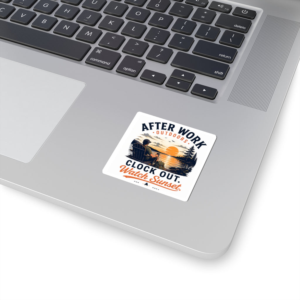 After Work Outdoors Sticker — "Clock Out. Watch Sunset." Sunset Camping Vinyl Kiss-Cut Sticker